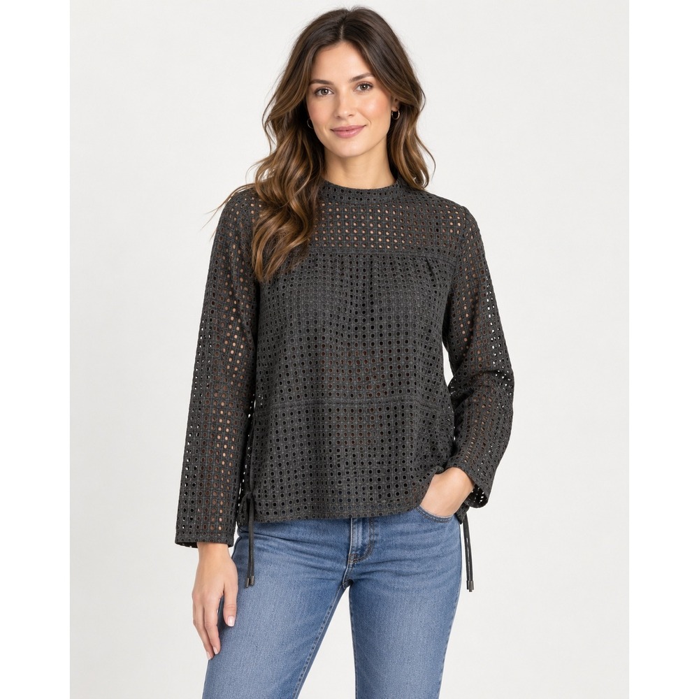 Point Sur J.Crew Black Eyelet Lace Ruffle Neck Side Tie Top Size 4 Gothic Grunge